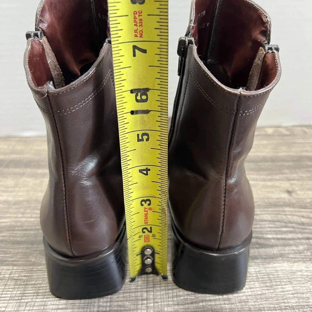 Bruno Valenti Romy Ankle Boot 8.5 Brown Leather Square Toe‎ Block Heel Zippers